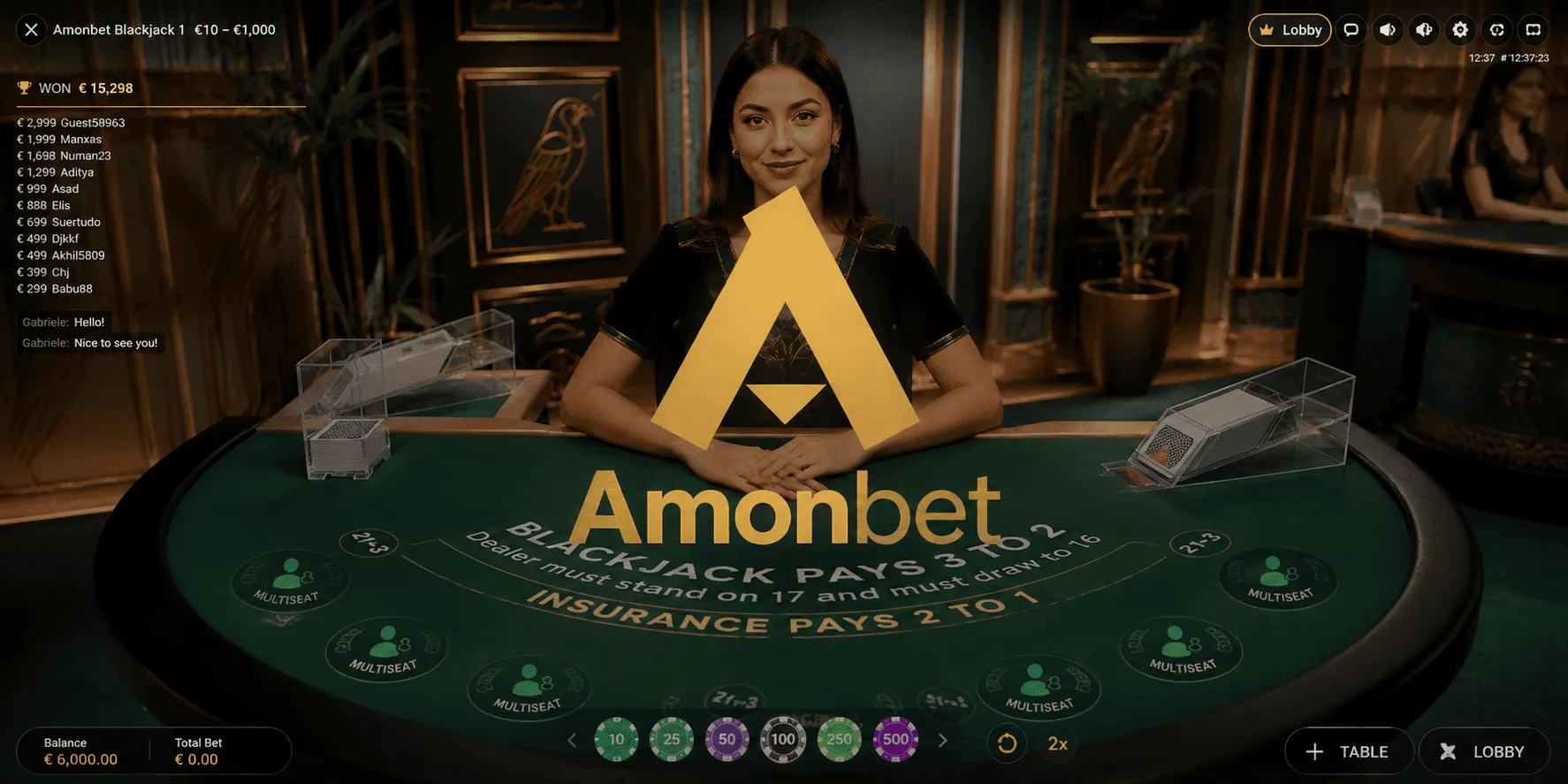 Live casino bij Amonbet met professionele dealers en HD-streaming 24 uur per dag